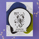 Scorpio zodiac sign illustration on a purple background with star decorations