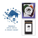 Taurus zodiac card with star sign illustration and product packaging on a white background