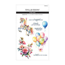 Spellbinders rub-on sheet with carousel horse, balloons, and flowers on a white background