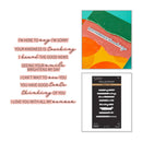 Colorful card with text and a black card with white text on a white background