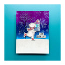 Card with a bear holding gifts against a purple and blue gradient background