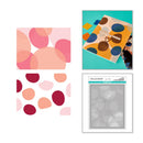 Colorful abstract patterned paper with a stenciled design on a white background