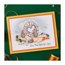 Card with embroidered design of mice around a hoop with thread, text 'Sew Thankful for You', on a green background.