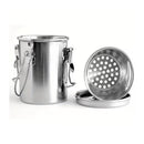 Stainless steel kitchen tool with a perforated lid on a white background