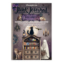 Halloween-themed junk journal with illustrations of a cat, ghost, and other elements on a purple background.