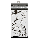 Halloween-themed stencils with a haunted house, tree, and bats on a white background.