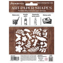 Stamperia art paper shapes with floral and leaf designs on a brown background