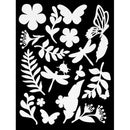 White floral, butterfly, and dragonfly silhouettes on a black background
