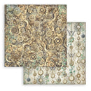 Two sheets of decorative paper with intricate clockwork and mechanical design.