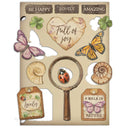 Decorative set with butterflies, shells, ladybug, magnifying glass, and nature-themed text on a beige background.