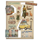 Decorative paper set with travel-themed illustrations including a tram, people with suitcases, a car, and buildings.