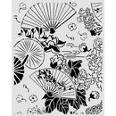 Decorative stencil with black floral and fan patterns on a white background