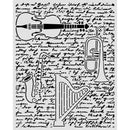 Sheet music with musical instruments superimposed on the text