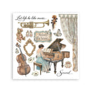 Decorative design with musical instruments, a woman playing a piano, and text on a white background.