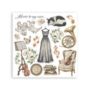 Collage of musical instruments, flowers, and decorative elements with text on a white background