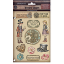 Packaging of Stamperia wooden shapes with vintage-themed designs and text.