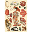 Decorative sheet with Japanese-themed illustrations including a geisha, lanterns, flowers, and a tiger.