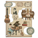 Decorative wall art with musical instruments, a cat, and vintage elements on a beige background.