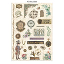 Collection of vintage-themed stickers with clocks, flowers, and text on a beige background.