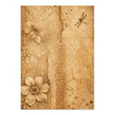 Decorative paper with floral and dragonfly designs on a textured brown background