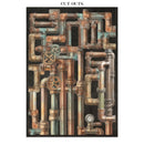 Decorative wall art with copper pipes and mechanical elements on a black background
