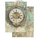 Vintage-style clock design on cardstock with intricate details and Roman numerals.