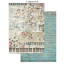 Two sheets of cardstock with musical notes, roses, and piano keys design.
