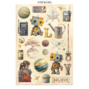 Collection of vintage-style stickers featuring robots, planets, and other elements on a beige background.