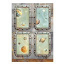 Decorative panel with space-themed illustrations of planets on a metallic background