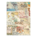 Decorative paper with travel-themed collage including maps and text on a white background