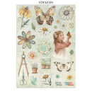 Collection of stickers featuring a girl, butterflies, flowers, and gardening tools on a light background.
