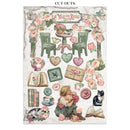 Vintage-style cutouts with decorative elements like flowers, books, and a child holding a baby.