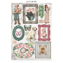 Collection of decorative cutouts including a boy with flowers, a dog, a clock, and framed images on a white background.