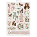 Sheet of vintage-style stickers featuring women, dogs, flowers, and a clock on a white background.