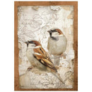 Decorative print with two birds and floral elements on a textured background