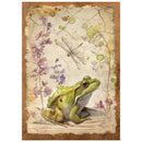 Framed artwork with a frog, dragonfly, and flowers on a textured background