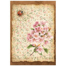 Vintage-style floral design with pink flowers and a ladybug on a textured background