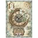 Decorative wall clock with floral elements and text on a vintage-style background