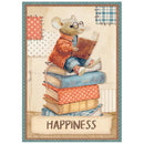 Illustration of a mouse reading a book on a stack of books with 'Happiness' text.