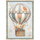 Illustration of a mouse in a hot air balloon with a vintage frame.