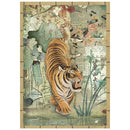 Decorative panel with a tiger in a natural setting, featuring flowers and leaves.