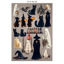 Halloween-themed cutouts including cats, ghosts, witches, and candles on a textured background.
