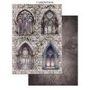 Cardstock with gothic window design on a stone wall