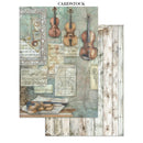 Cardstock with violin design featuring music notes and vintage elements on a wooden background.