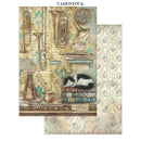 Cardstock with musical instruments and a cat on books, featuring a floral pattern.