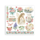Decorative sheet with fairy and floral designs on a white background
