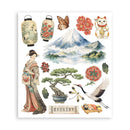 Sticker sheet with Japanese-themed illustrations including lanterns, Mount Fuji, a geisha, and nature elements.