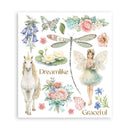 Illustration of a fairy, unicorn, dragonfly, and flowers with 'Dreamlike Graceful' text on a white background.