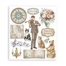 Decorative sheet with vintage-style illustrations including a clock, flowers, a violinist, cats, and a teddy bear.