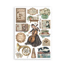 Collection of vintage-style illustrations including a woman playing a cello, books, and decorative elements on a white background.